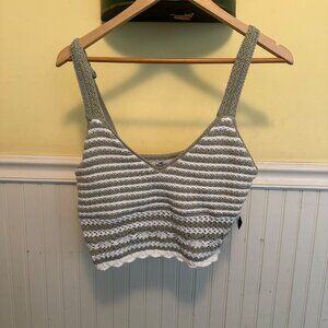 Hollister Crochet Knit Striped Tank Top M Green & White Cotton Blend NWT